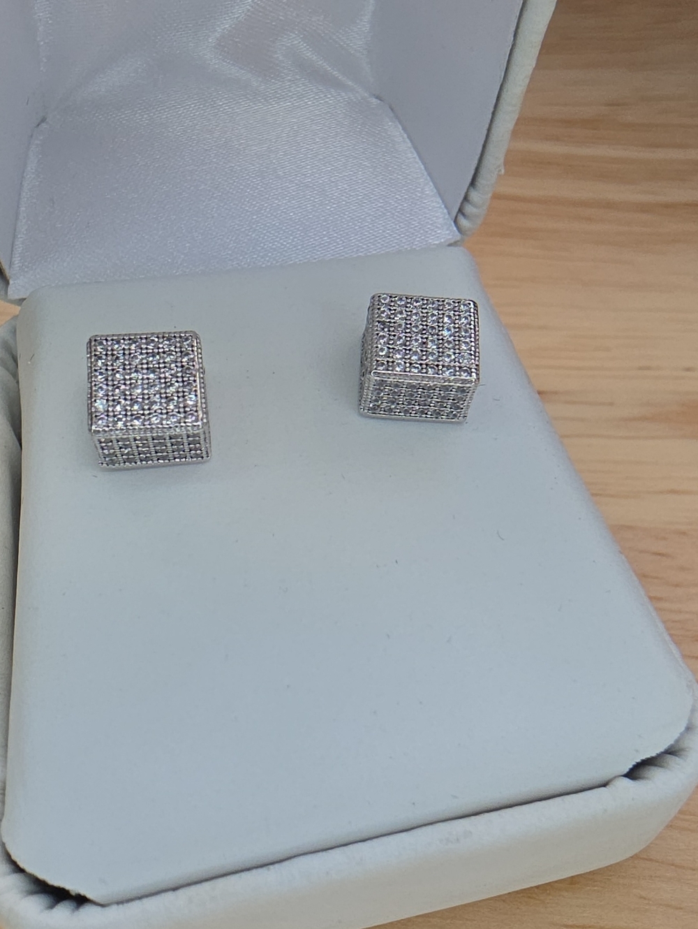 Silver Pave Cube Stud Earrings Sterling Silver 925 #6